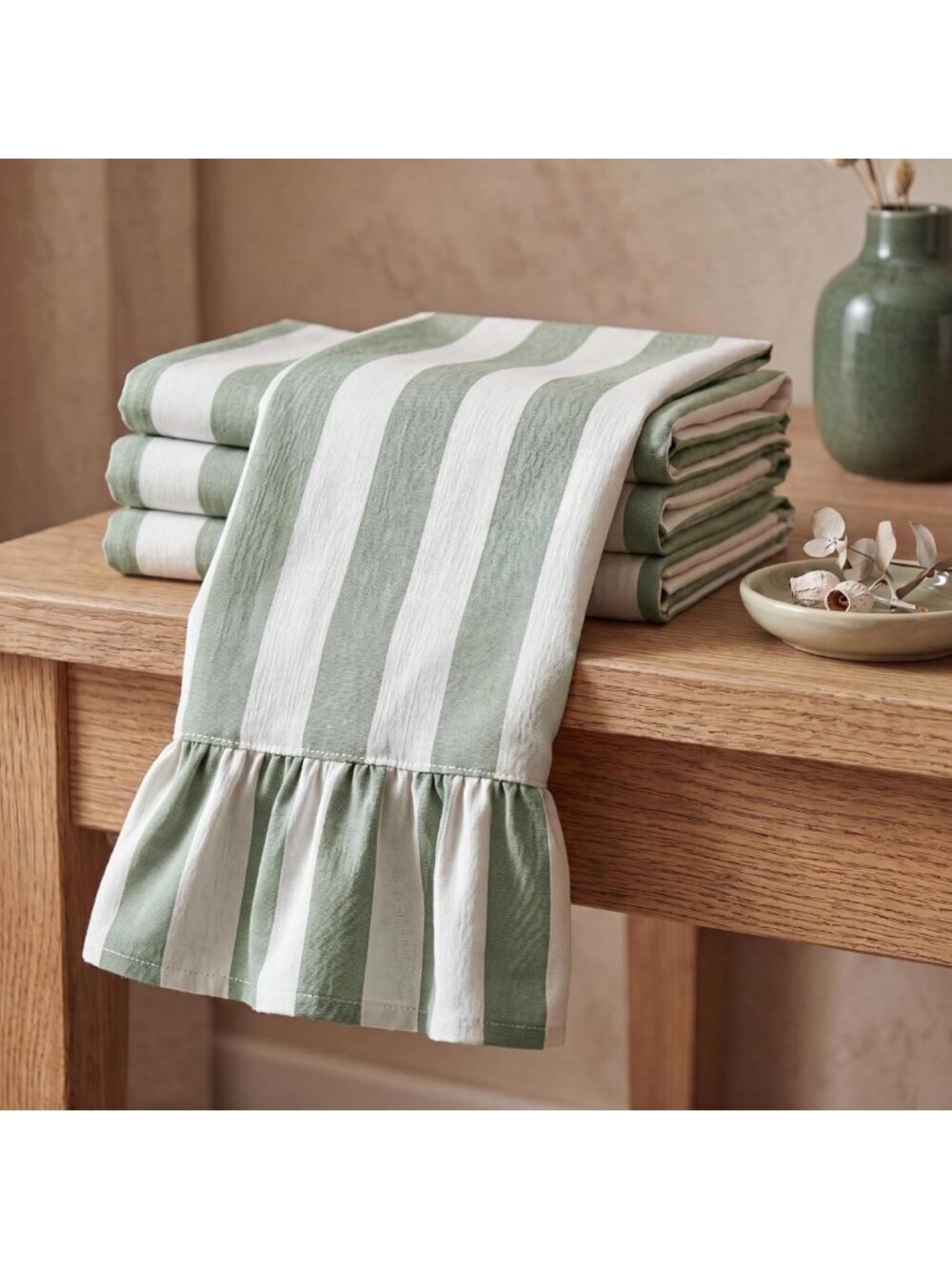 Sage Green Striped Kitchen Towels Set of 4 - 100% Cotton, Ruffled Design, Soft